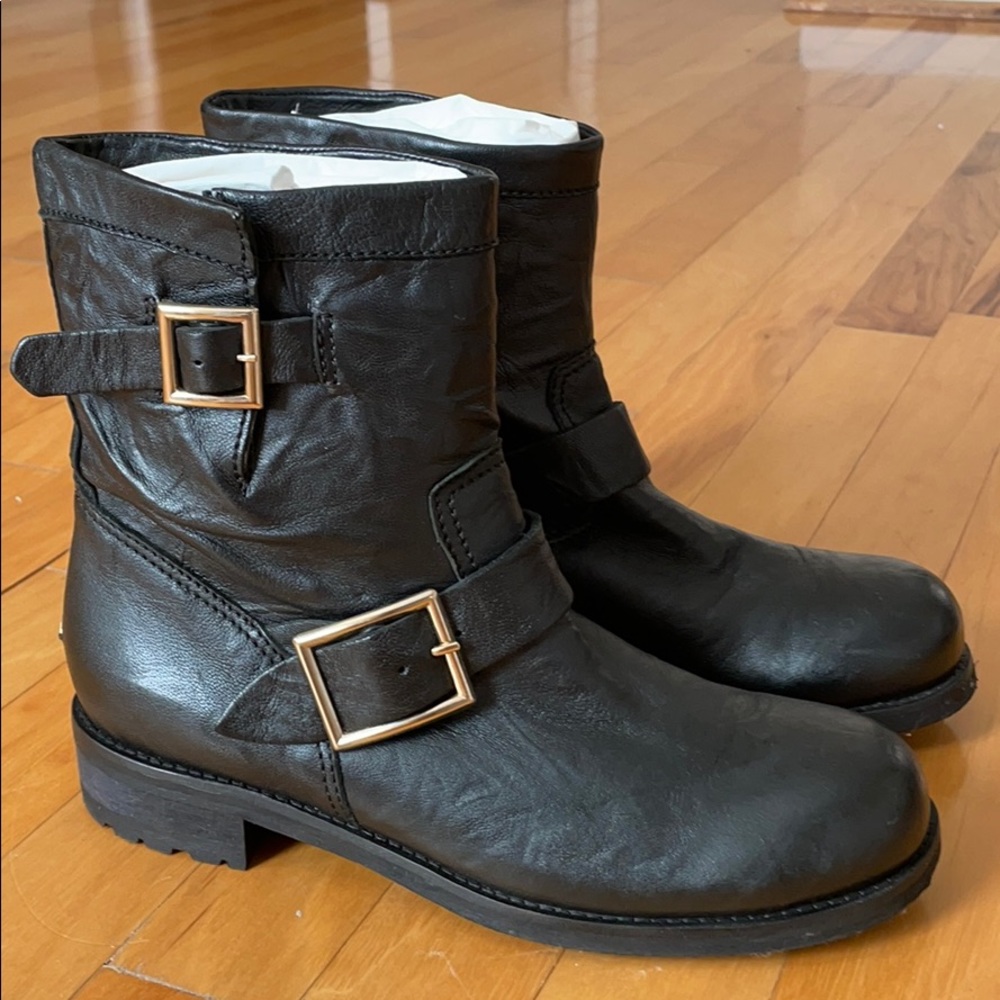 Jimmy Choo Youth Black Leather Biker Boots 38.5 - Picture 5 of 16